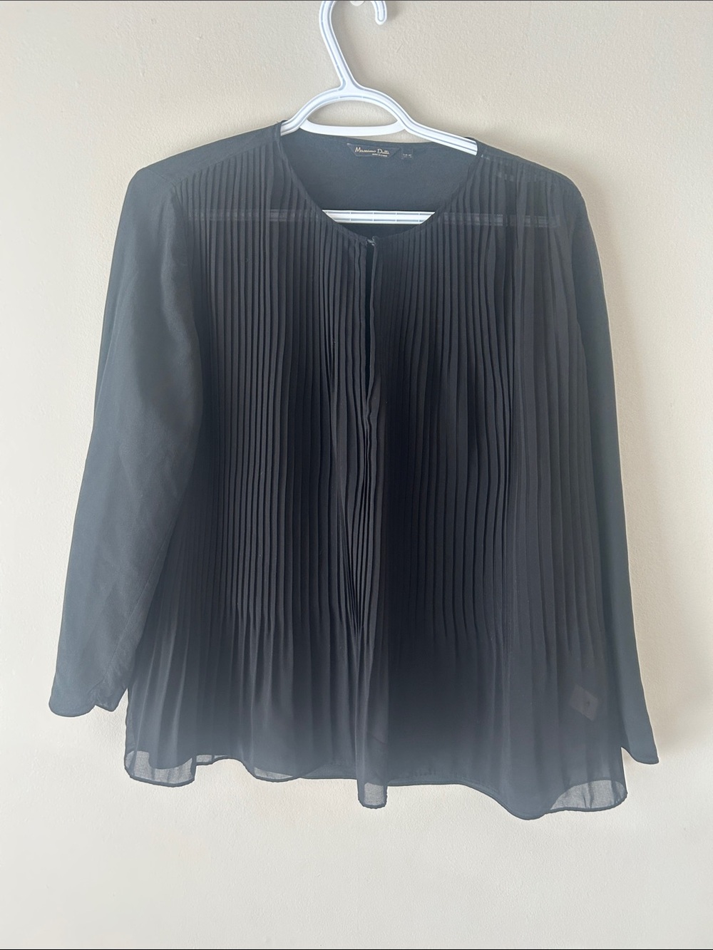 Massimo Dutti Silk Black Pleated Long-Sleeve Blouse